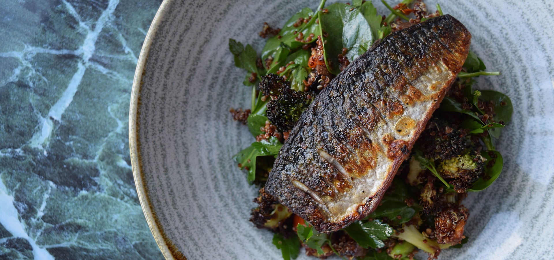 Blackened Mackerel, Red Quinoa, Broccoli
